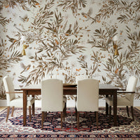 Classic sepia floral mural with gentle birds and soft botanical details