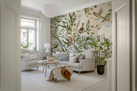 Botanical Aviary Wall Mural featuring colorful exotic birds perched among lush green foliage.