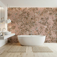 Atmospheric forest mural with calming greens and blues for a peaceful interior space.