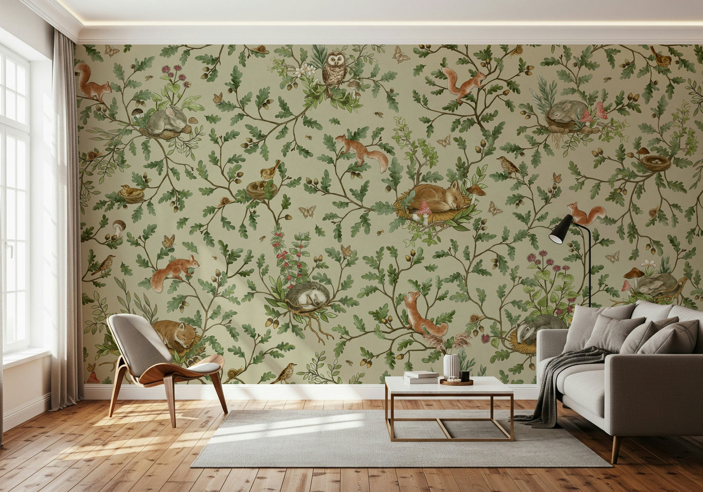 Woodland Naptime Tales Wall Mural with calm trees, soft light, and a peaceful ambiance.