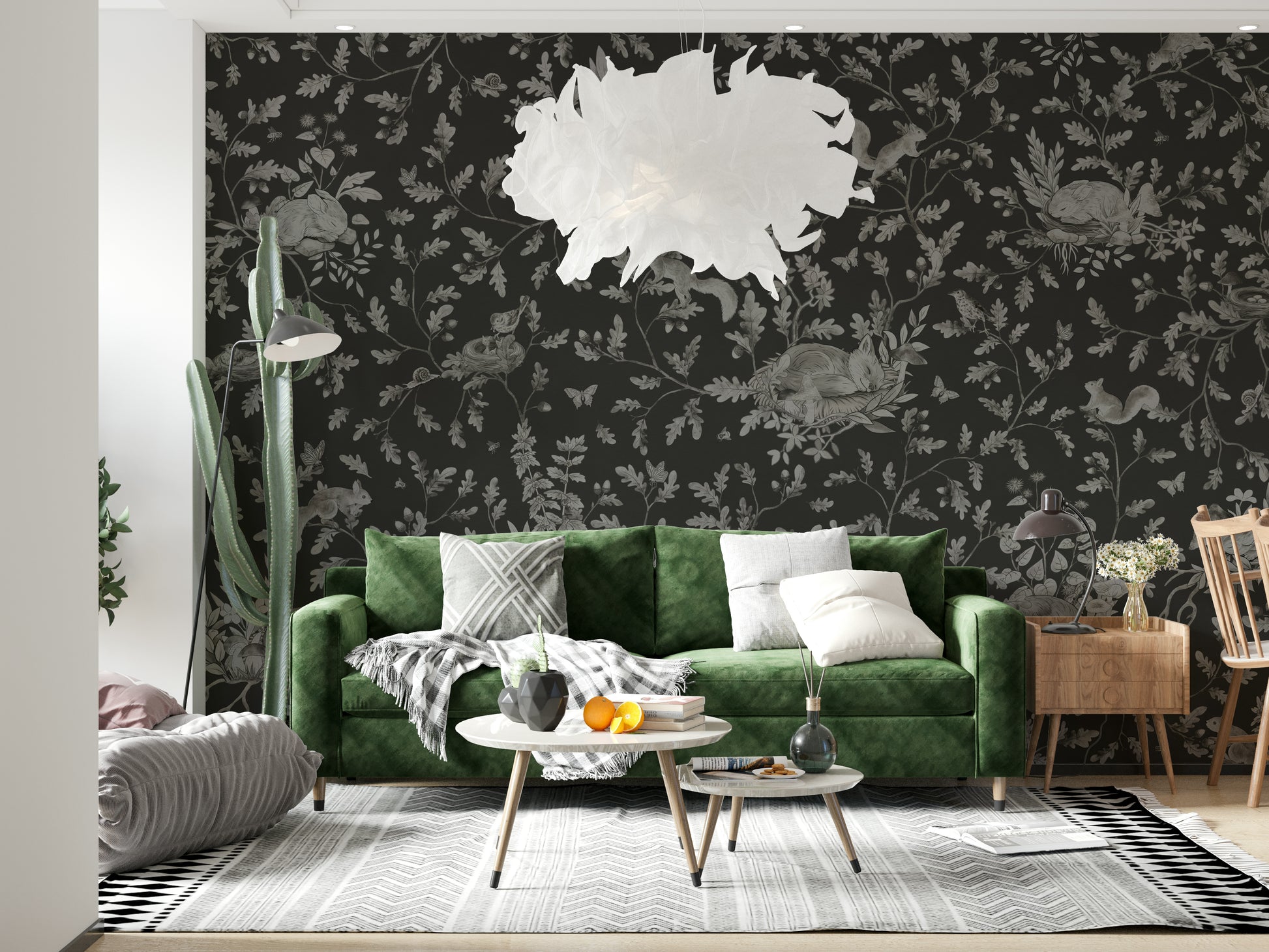 Twilight Woods Wall Mural with silhouettes of tall trees fading into a dreamy evening sky.