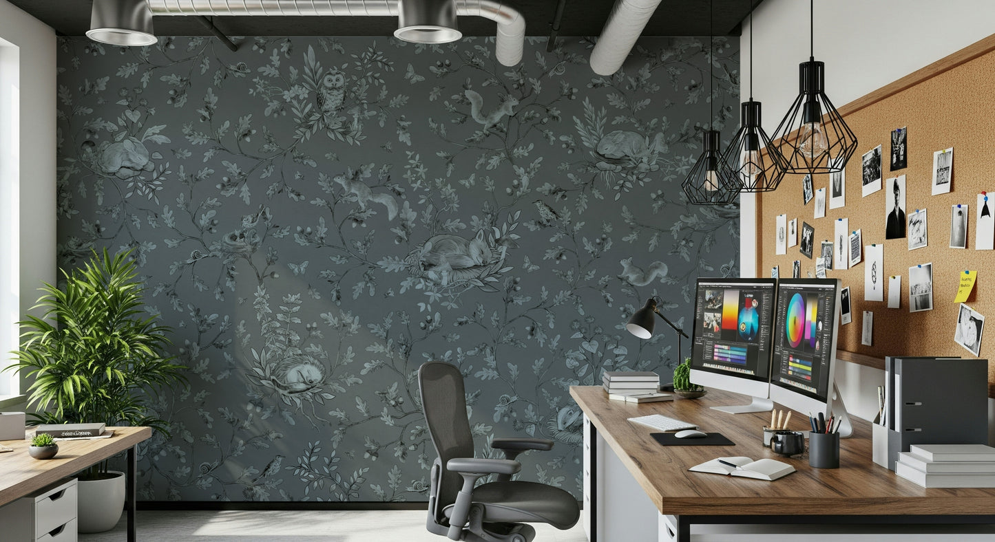 Woodland Slumber Wall Mural featuring a serene forest bathed in soft morning mist.