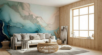 Wall mural with turquoise marble layers and soft mineral gradients for a refined, calming look.