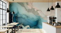 Elegant wall mural inspired by natural stone layers in vivid turquoise and soft white tones.