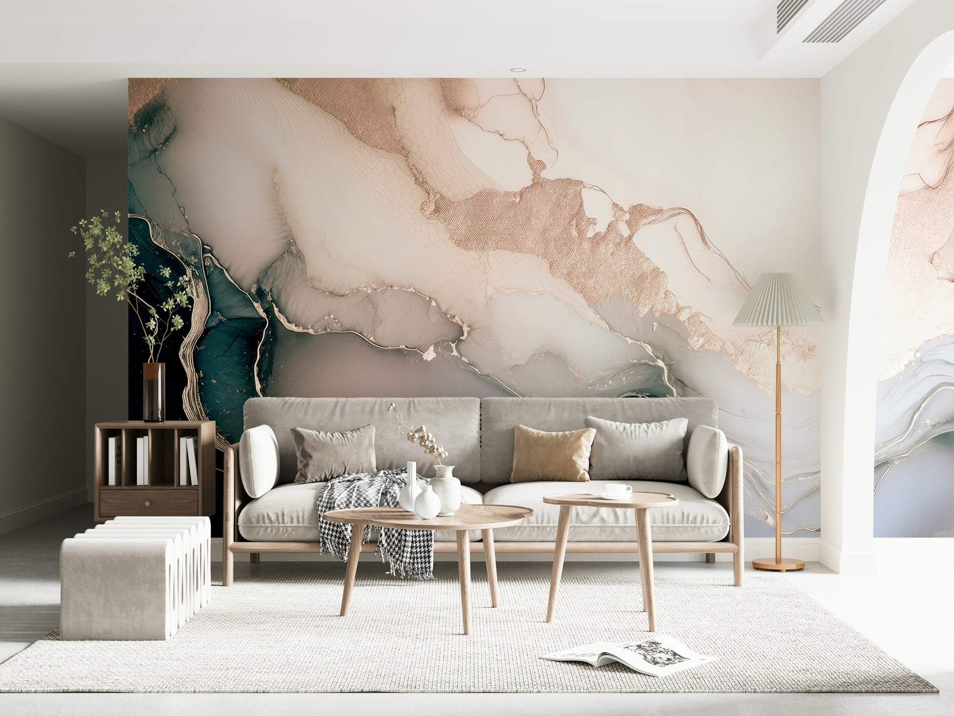Artistic marble-effect mural blending rose gold accents with mineral textures for timeless sophistication.