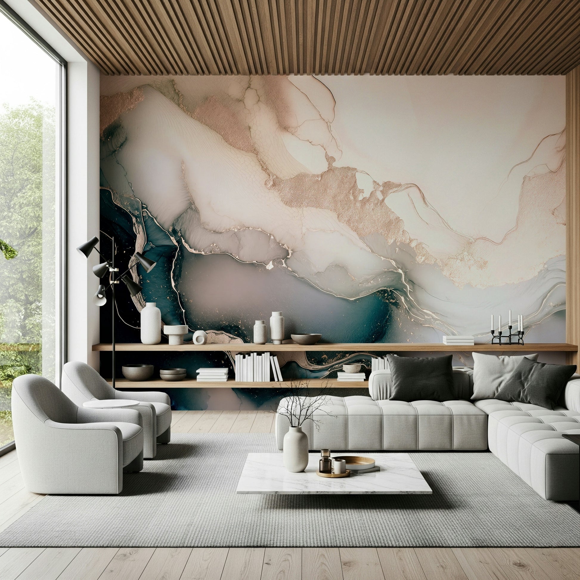 Elegant wall mural with layered mineral patterns in blush, beige, and metallic rose gold tones.