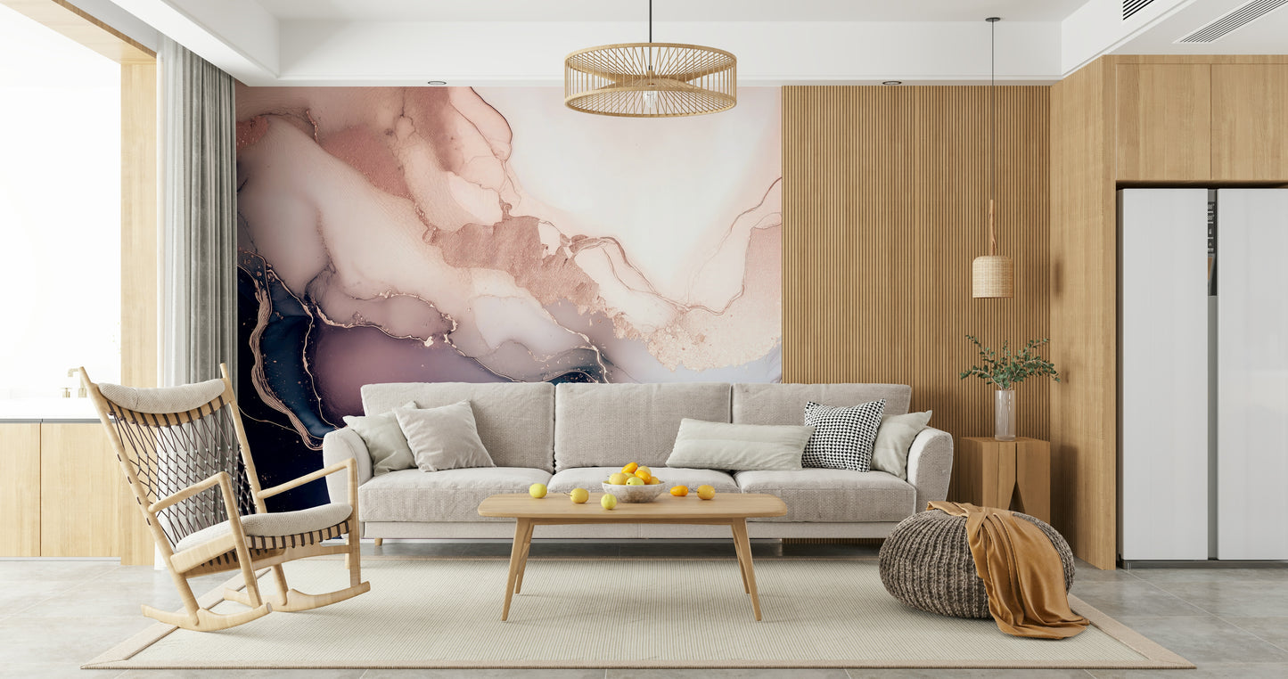 Abstract mineral wall mural with flowing violet and amethyst hues for a serene, modern interior.