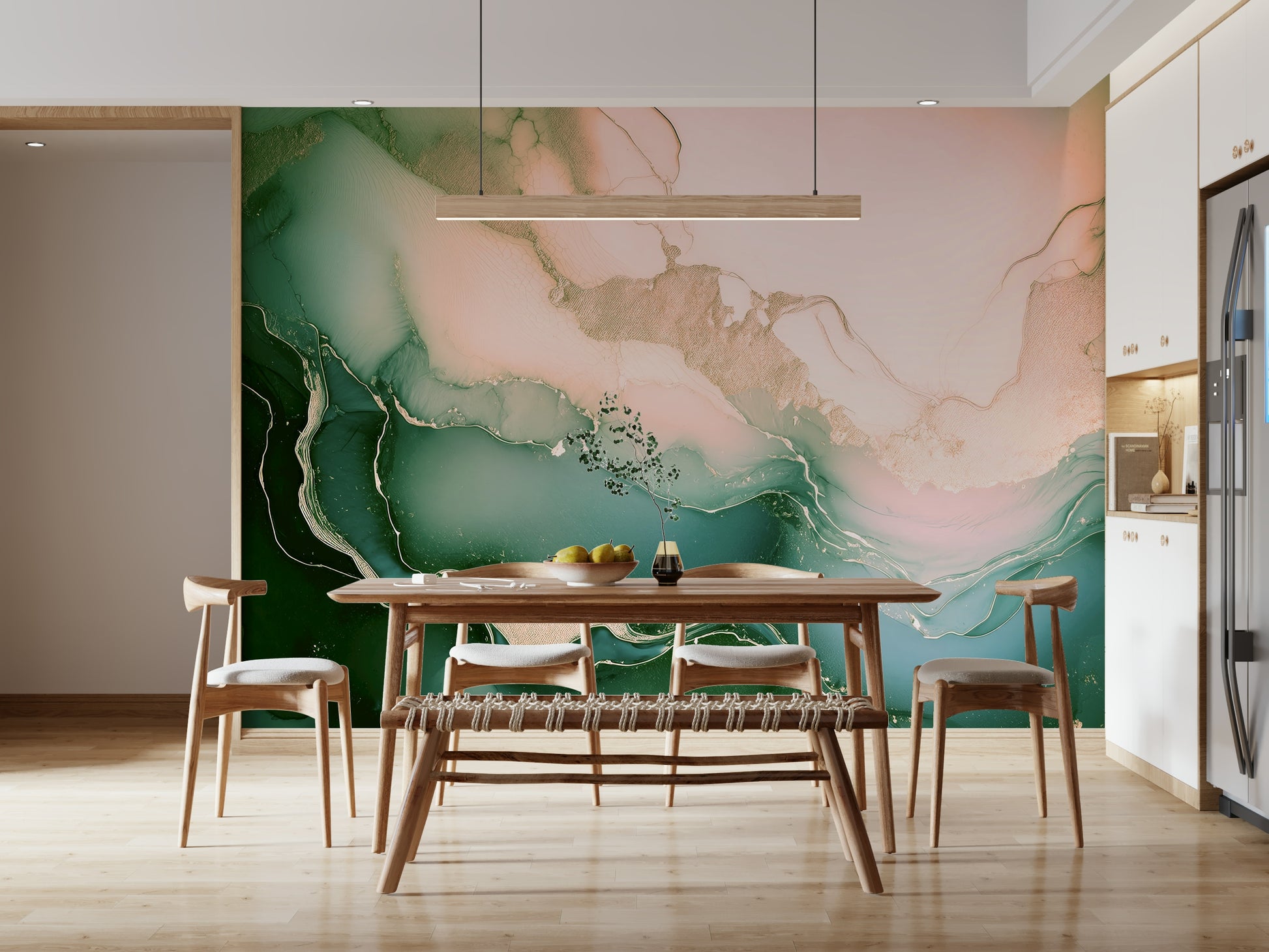 Elegant wall mural with sage green and rose quartz tones evoking natural beauty and peaceful sophistication.