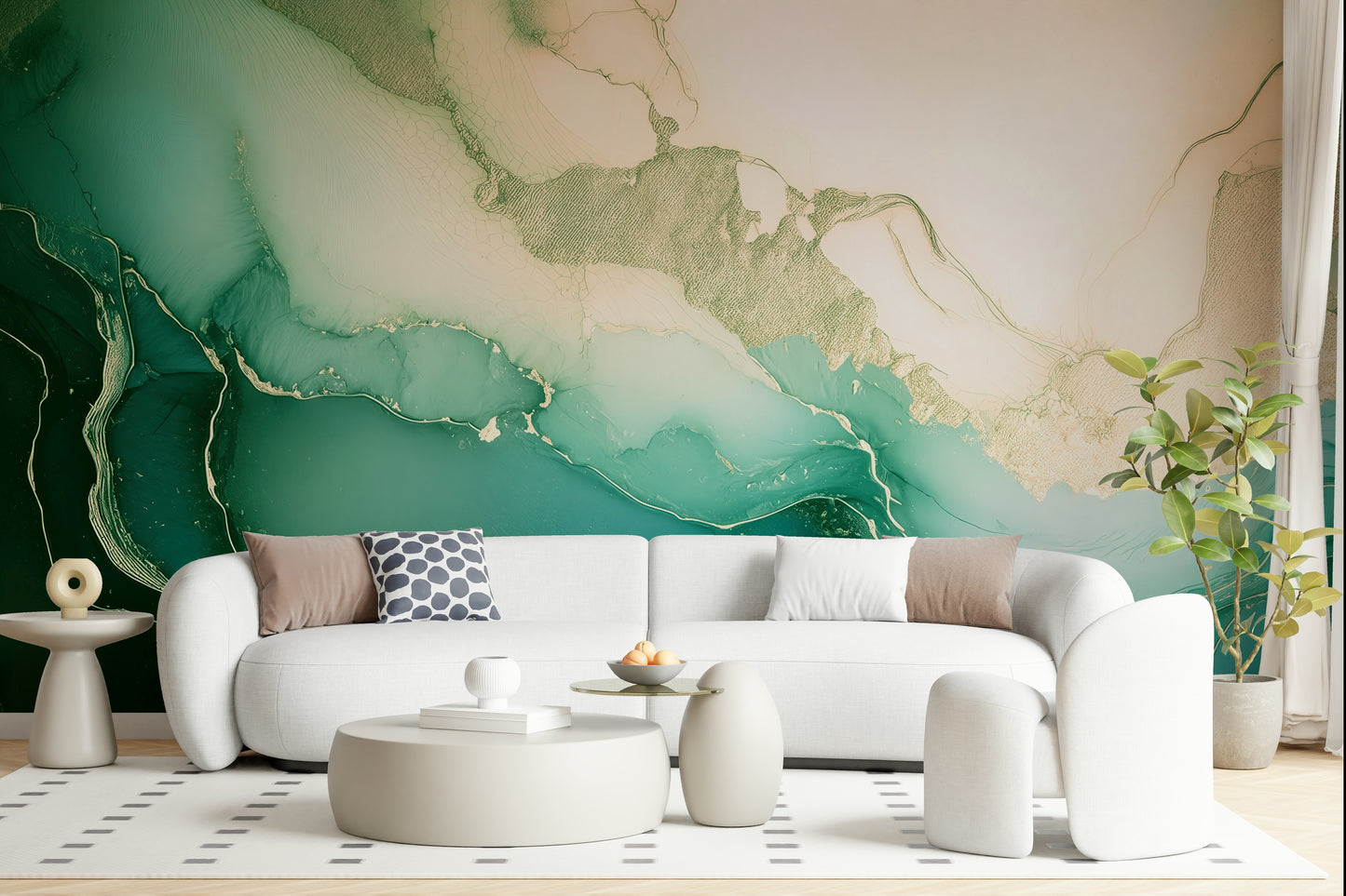 Modern wall mural showcasing swirling emerald hues and marble textures for sophisticated interiors.
