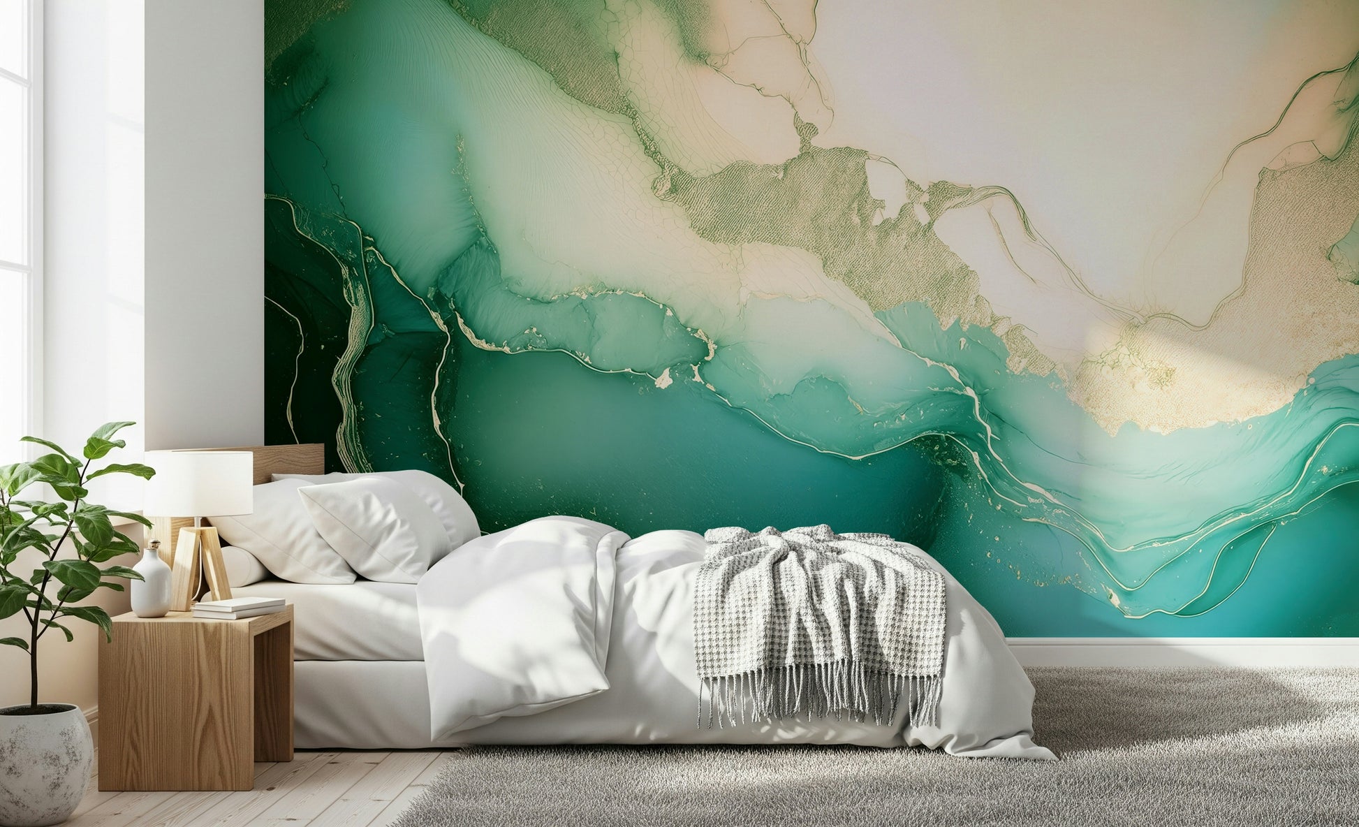 Abstract marble mural blending emerald, white, and gold tones for a refined, natural aesthetic.