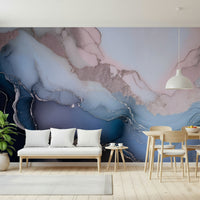 Mystic Mineral Layers Blue wall mural featuring abstract mineral textures in deep blue and gray tones.
