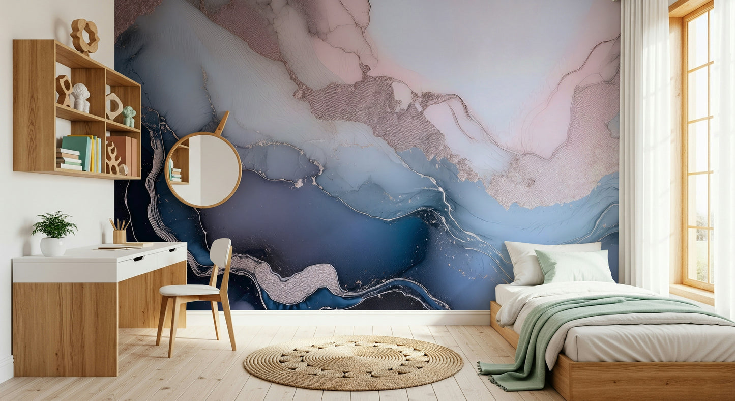 Modern wall mural with layered blue mineral formations creating depth and sophistication.
