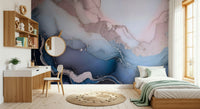 Modern wall mural with layered blue mineral formations creating depth and sophistication.