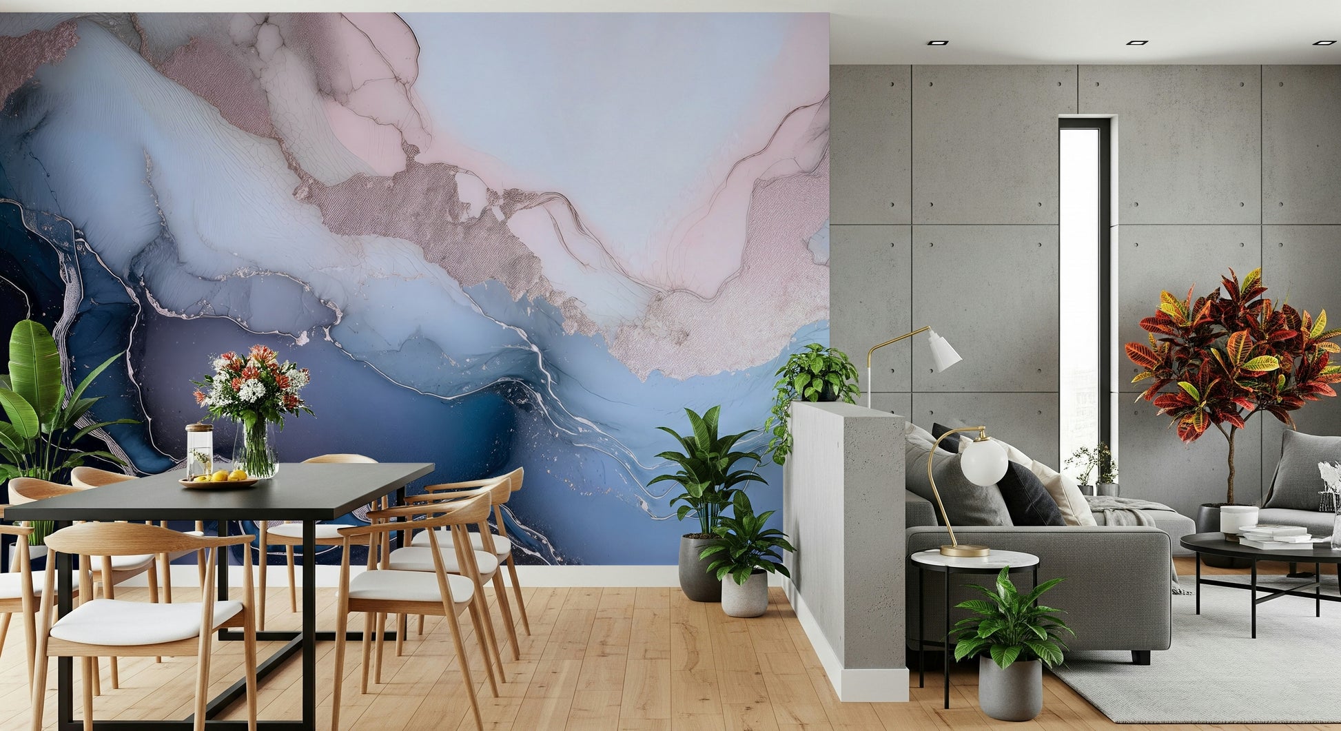 Mystic Mineral Layers Blue mural featuring fluid abstract stone patterns for modern, luxe décor.