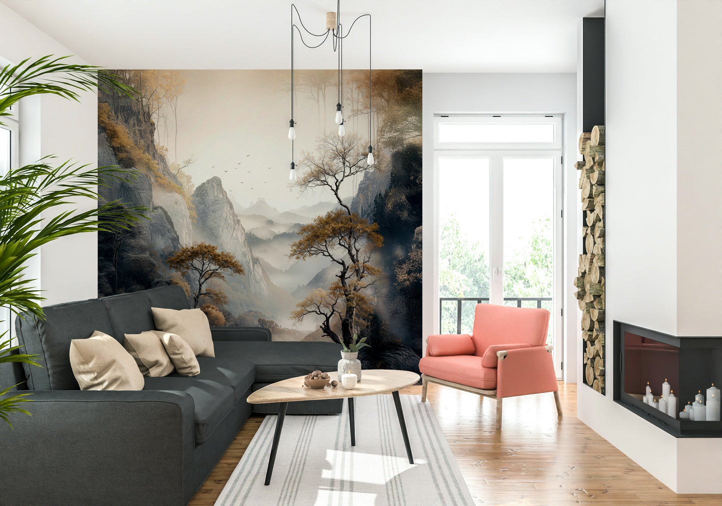 Golden Tree Serenity design mural blending soft light and metallic tones for a calming wall accent.