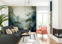Nature-inspired mural showcasing a quiet river valley surrounded by soft morning mist.