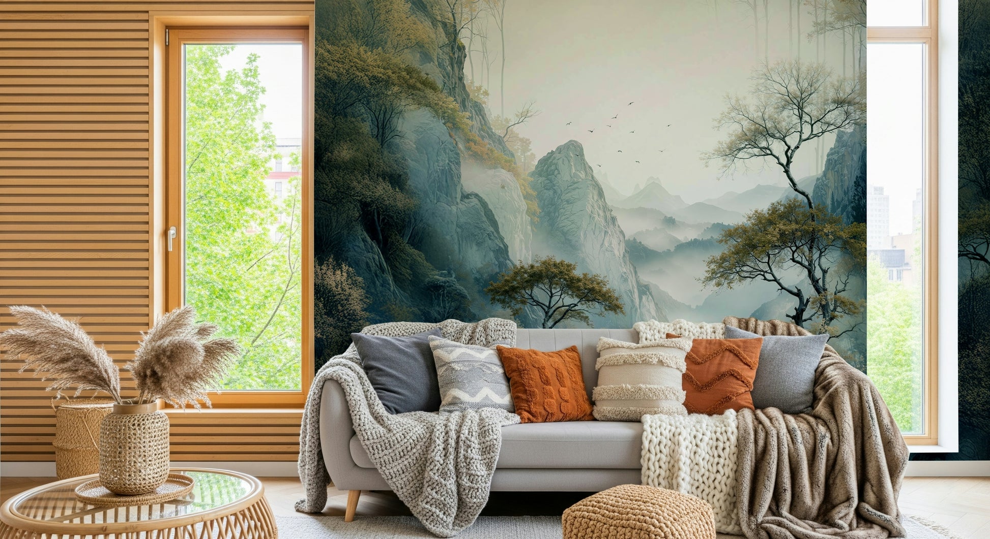 Elegant mural with natural tones depicting a soft, flowing river in a calm valley setting.