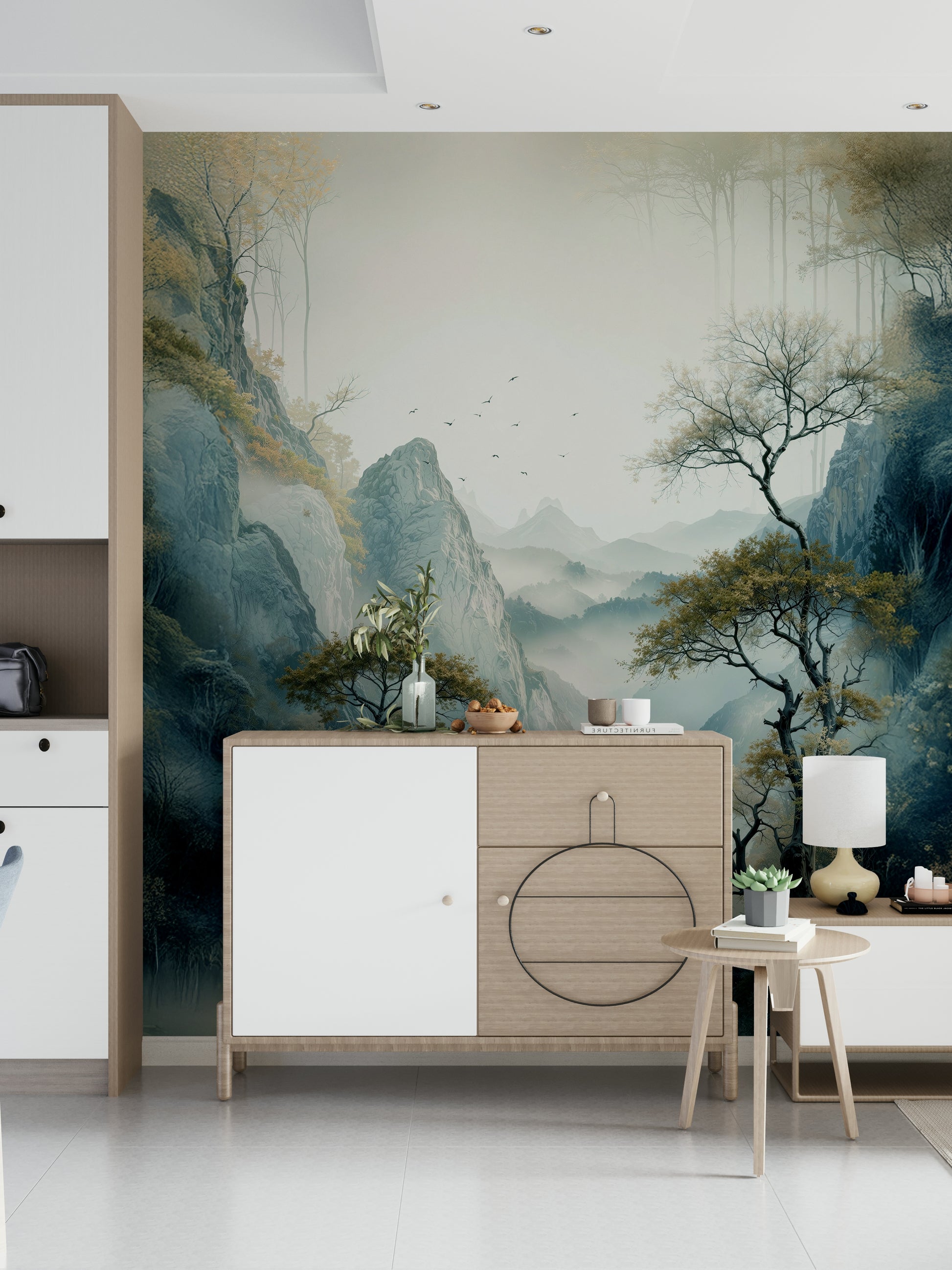 Wall mural featuring a gentle river view and misty valley for a serene, nature-inspired space.