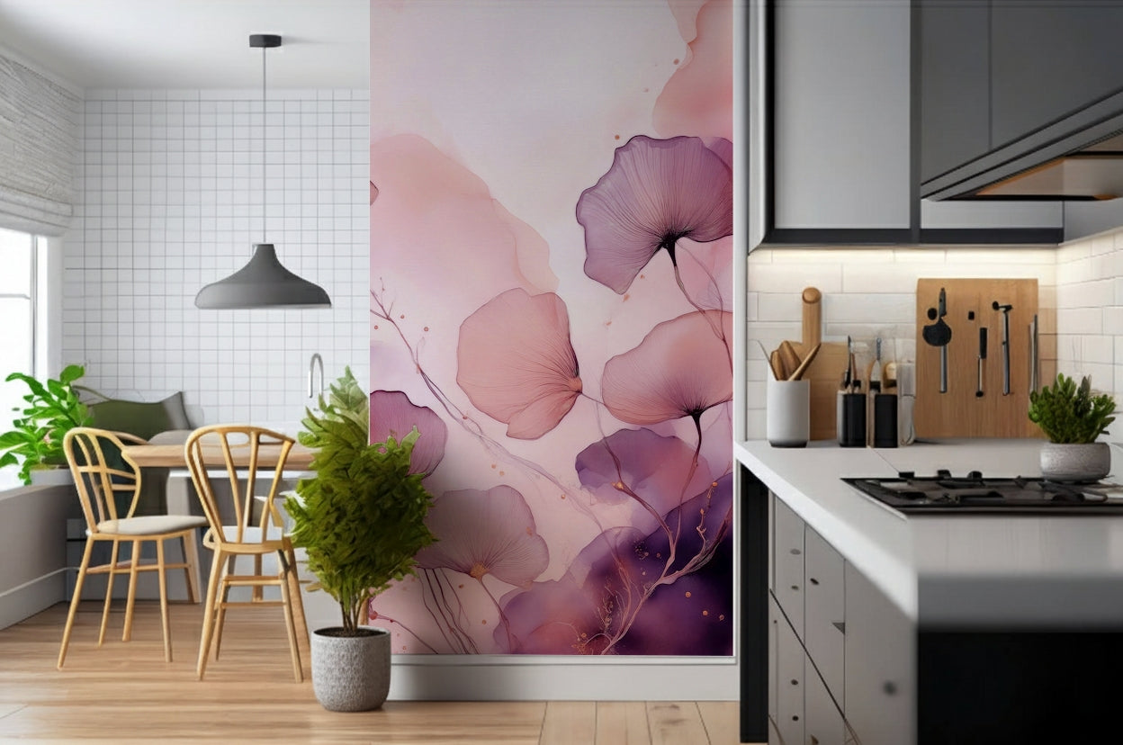 Gentle Petal Whispers mural blending watercolor textures and floral delicacy for timeless elegance.