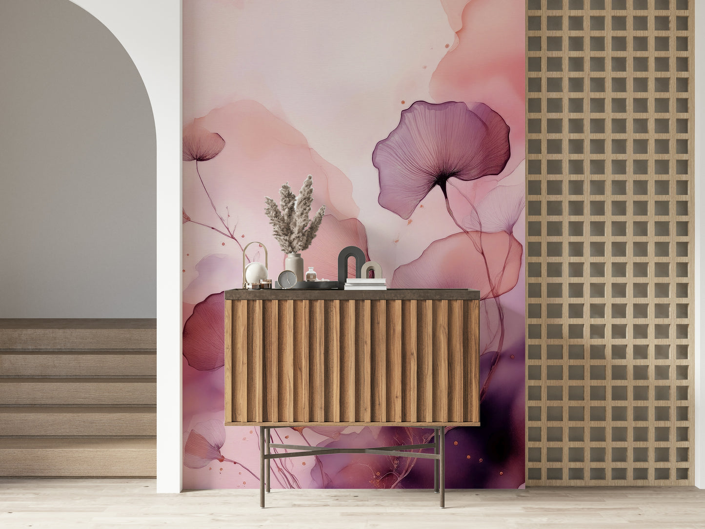 Dreamy watercolor mural inspired by gentle flower petals and serene natural tones.
