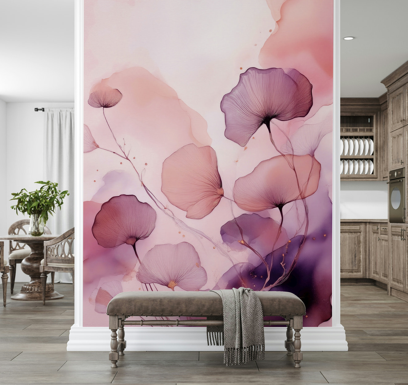 Gentle Petal Whispers wall mural featuring delicate pastel blossoms floating in a dreamy haze.