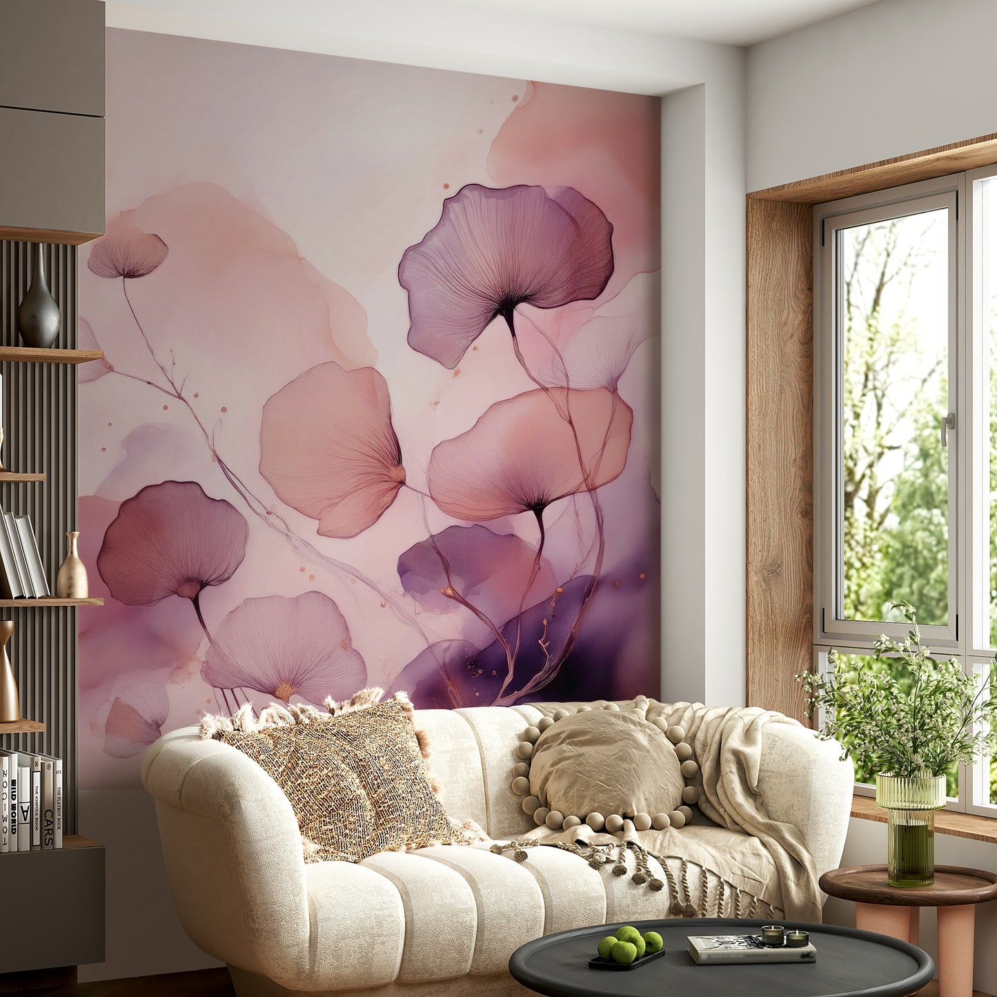 Elegant floral wall mural with soft petals and airy tones creating a tranquil, romantic atmosphere.