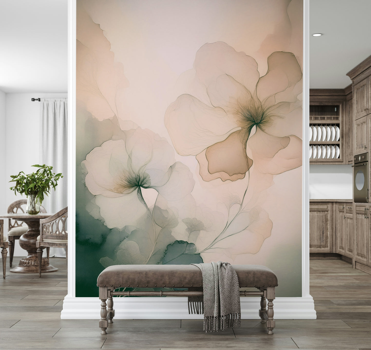 Watercolor-inspired wall mural with airy, overlapping petals evoking peace and sophistication.