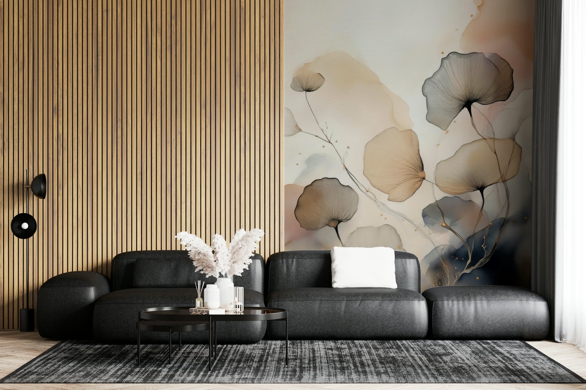 Elegant mural capturing the harmony of garden blooms in soft, muted tones.