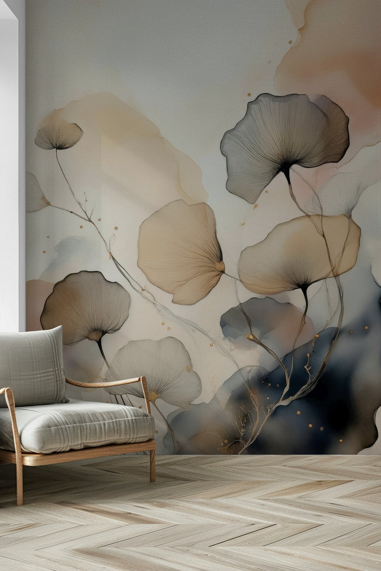 Floral wall mural blending watercolor textures and earthy garden shades for timeless elegance.