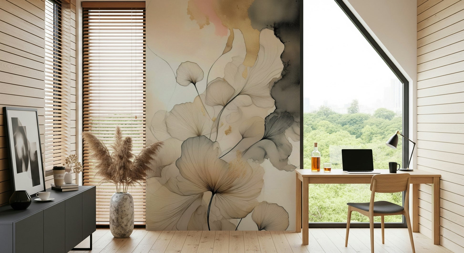 Artistic mural inspired by ink painting, showcasing delicate floral patterns and soft gradients.