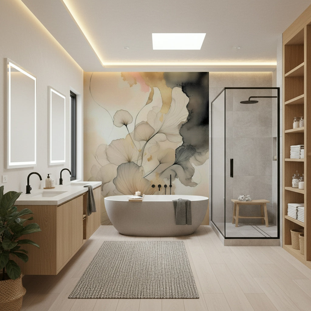 Monochrome ink floral mural combining modern elegance with hand-painted artistic expression.