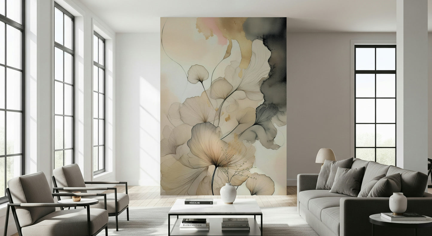 Ink Bloom Elegance mural blending art and nature with painterly ink florals in a calm palette.