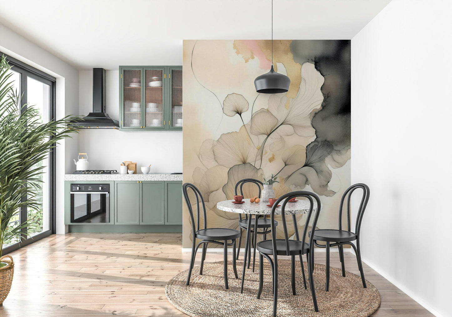 Elegant wall mural with blooming florals rendered in soft black and gray ink tones.