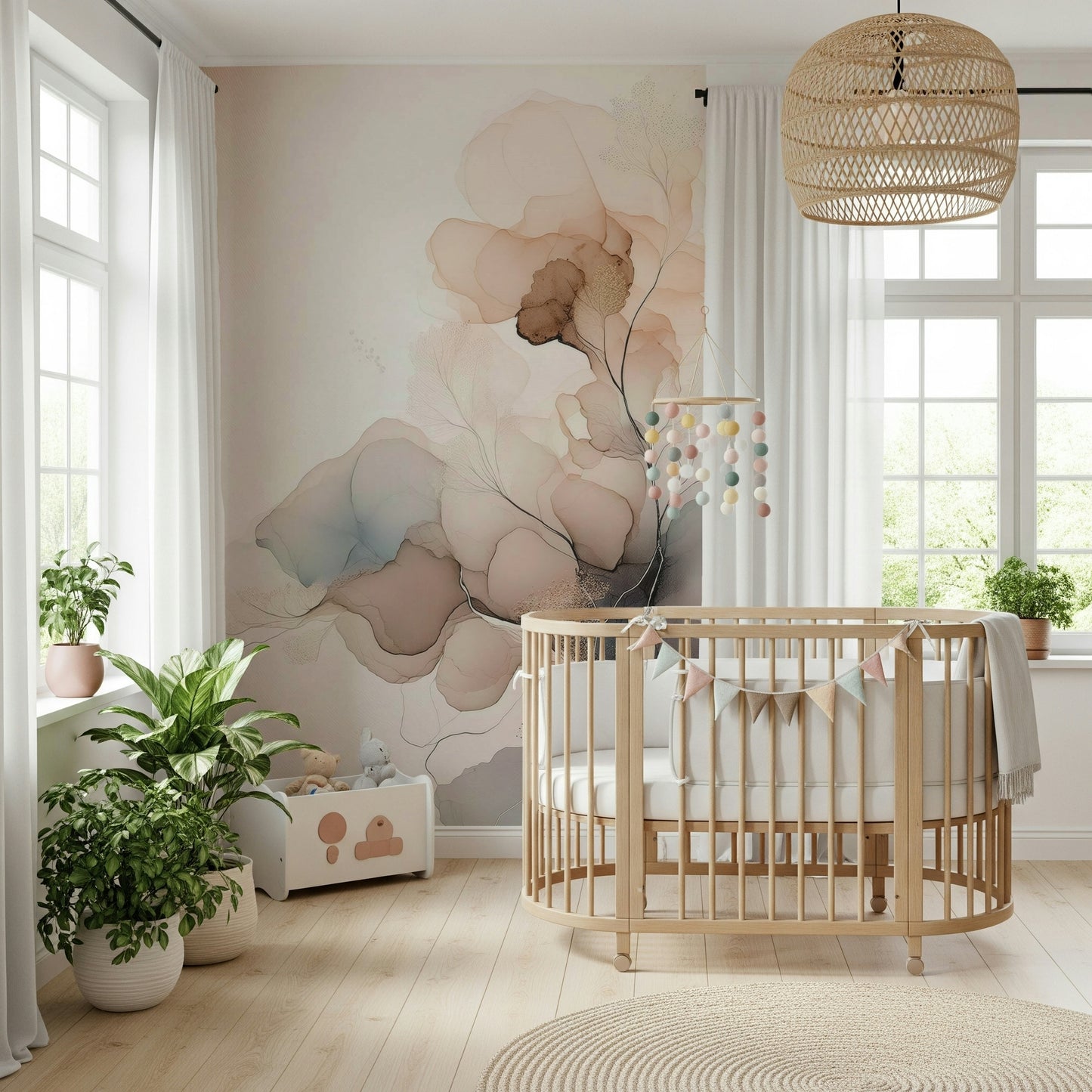 Artistic wall mural featuring blooming florals painted in rich ink tones for a striking statement.