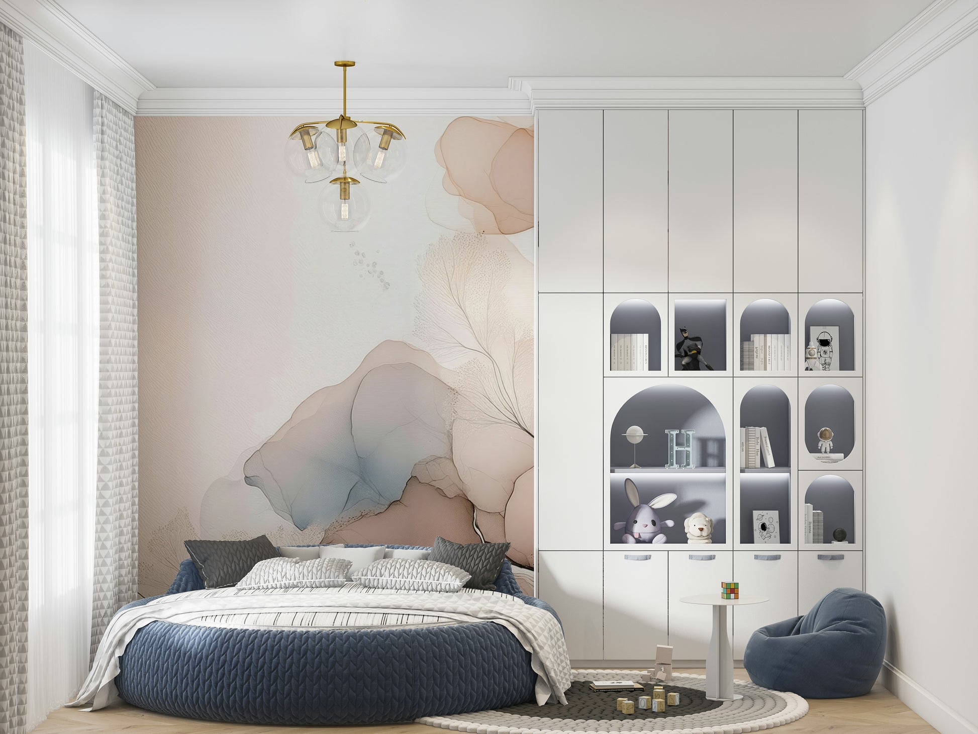 Ink Bloom mural showcasing hand-painted flower forms in black and gray watercolor style.