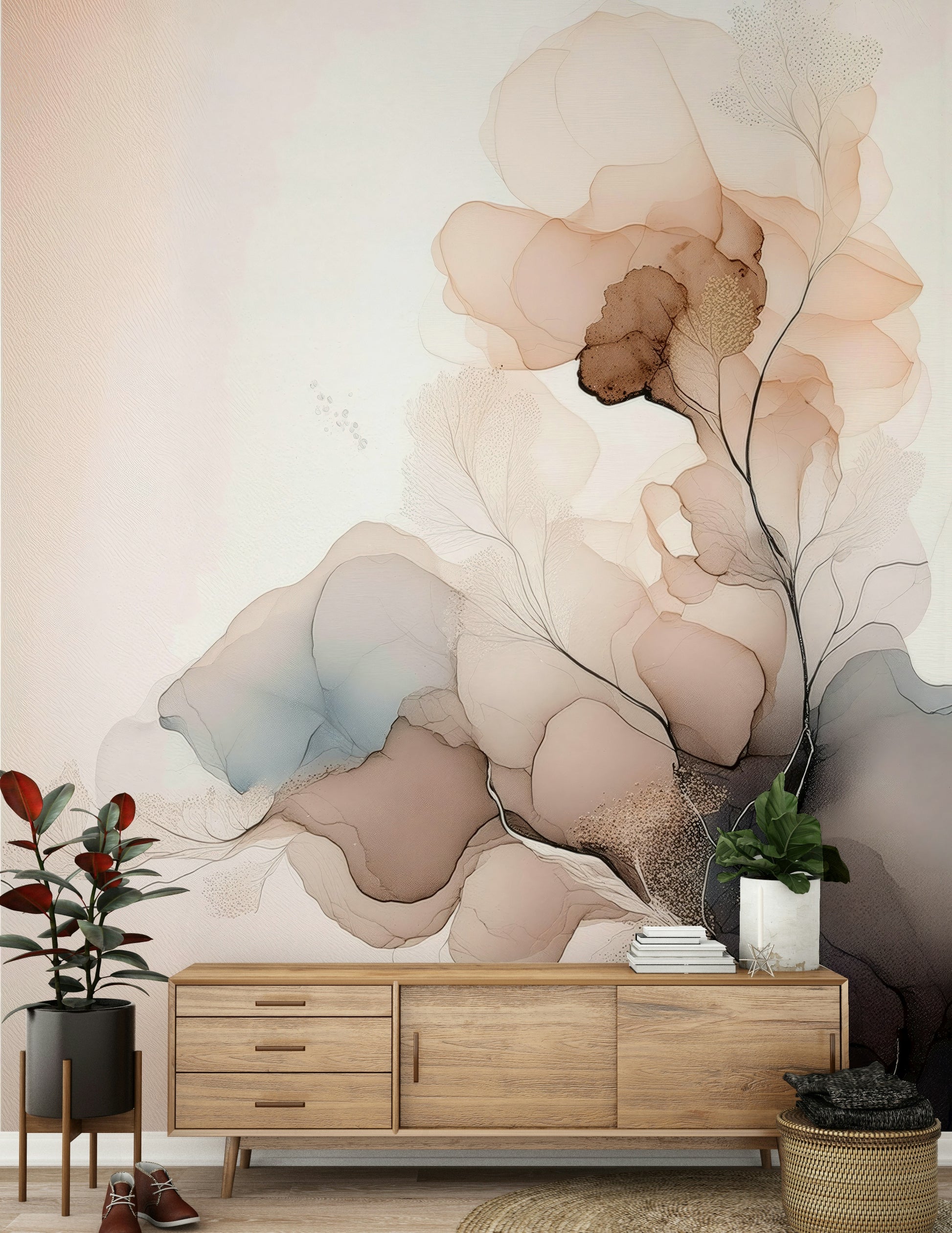 Ink Bloom wall mural blending art and nature through expressive ink-wash floral patterns.