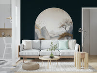 Golden tree wall mural with intricate details and warm tones adding depth and sophistication.
