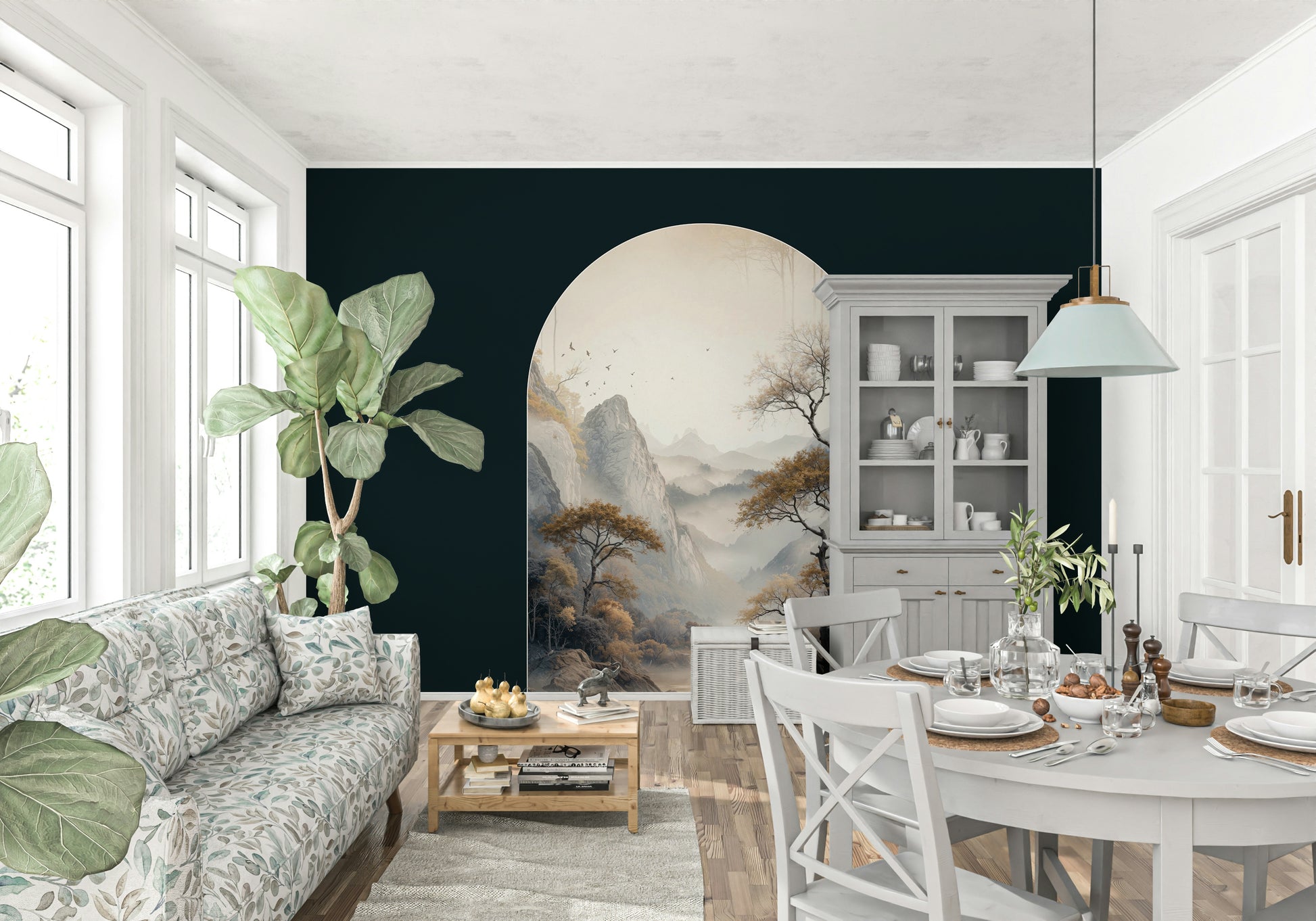 Golden tree mural with an arched composition creating a dreamy and majestic interior accent.