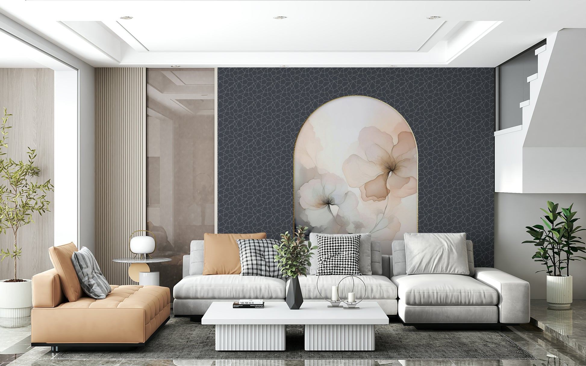 Elegant floral wall mural featuring an archway of blooming flowers for a soft, ethereal atmosphere.