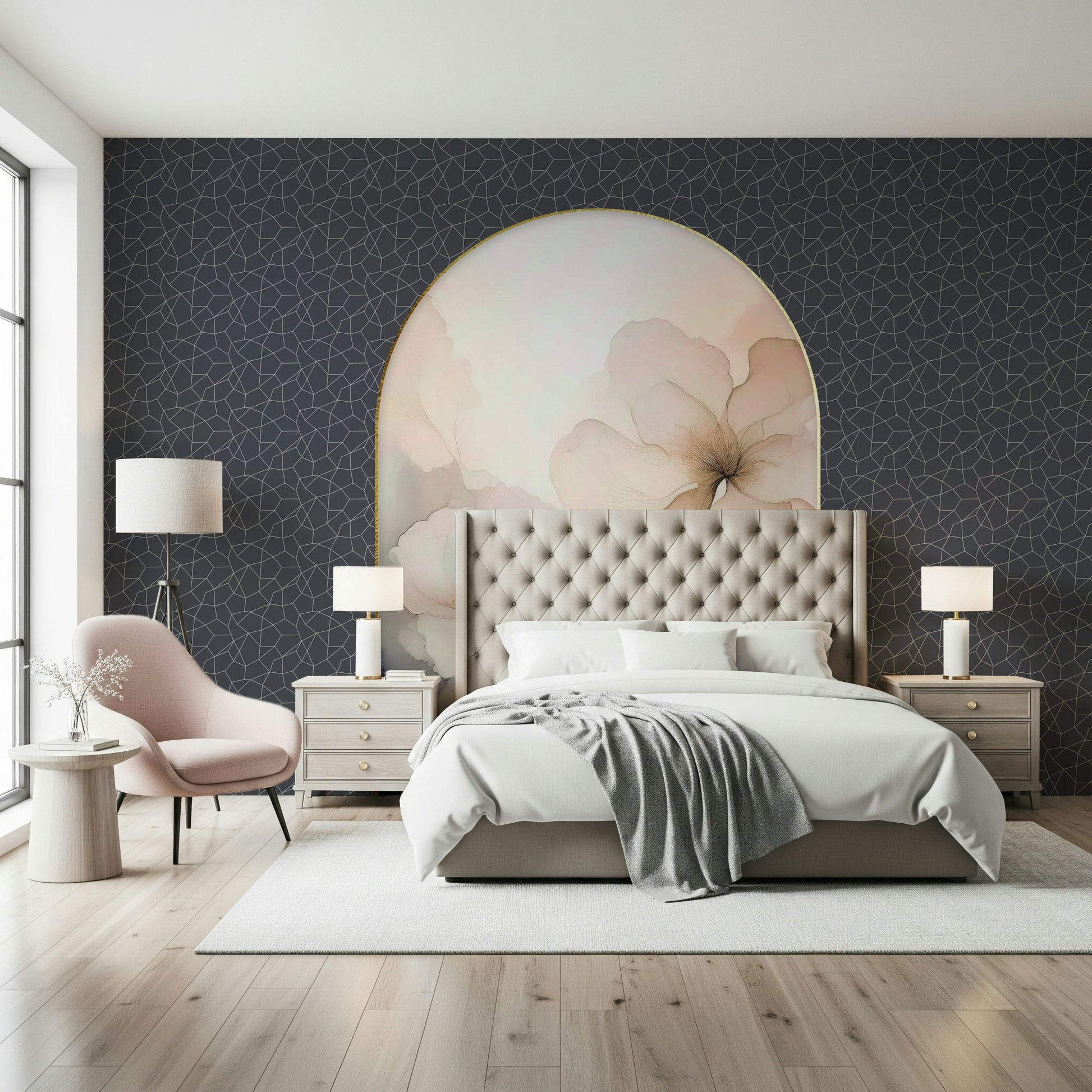 Elegant wall mural showcasing a floral archway in delicate hues for serene, timeless interiors.