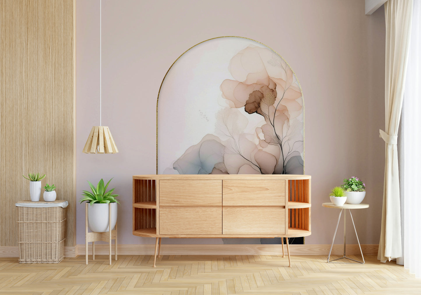Floral Mist wall mural showcasing gentle blooms in soft, muted hues for timeless elegance.
