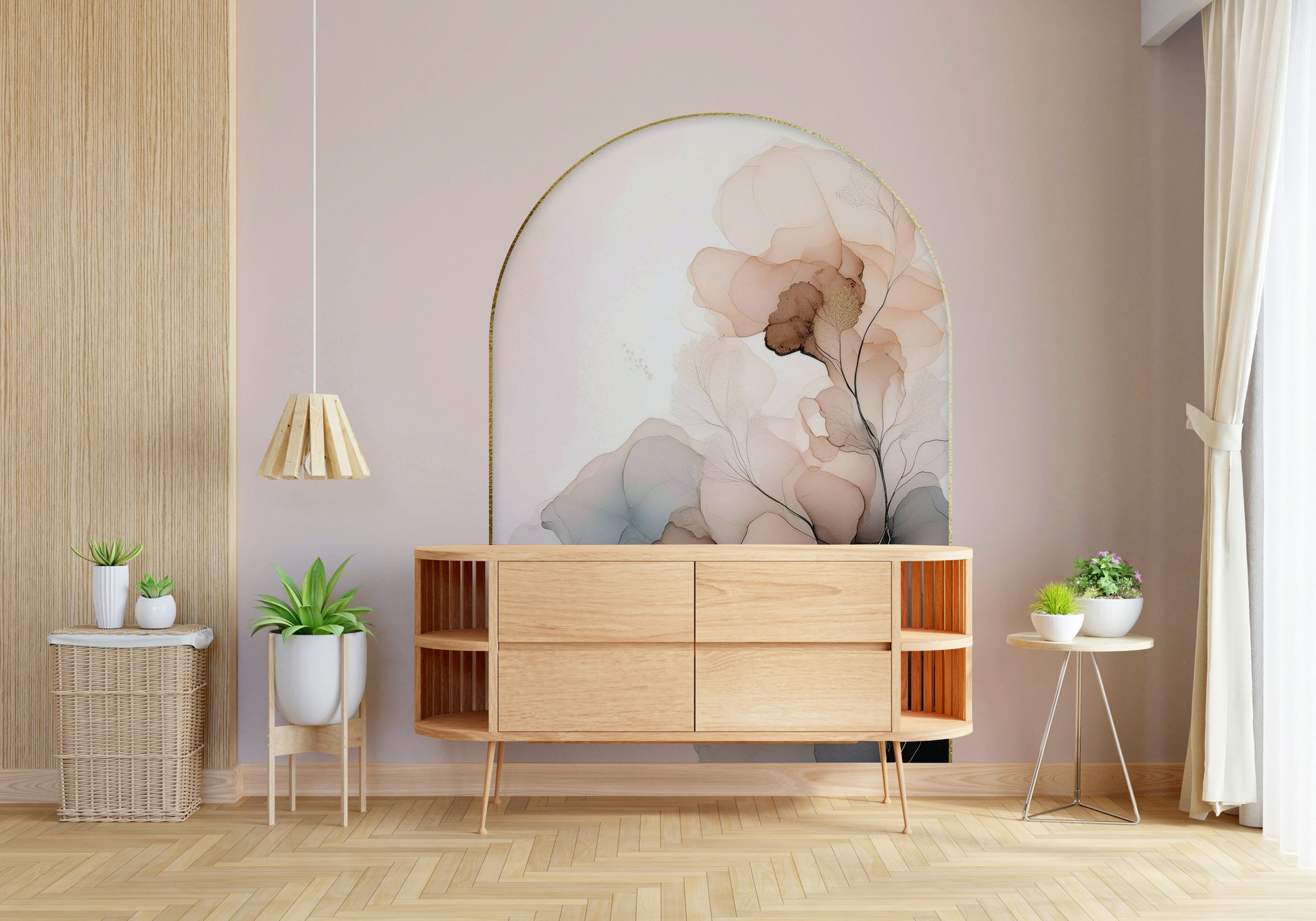 Floral Mist wall mural showcasing gentle blooms in soft, muted hues for timeless elegance.