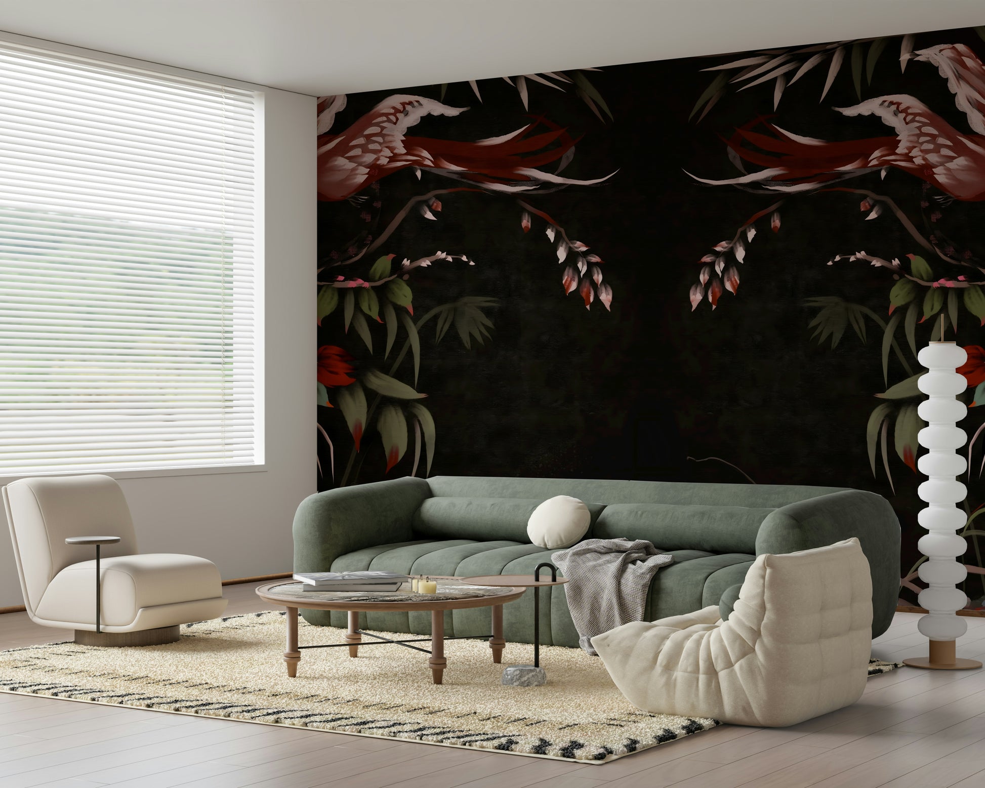 Joseon-inspired wall mural with traditional Korean floral motifs and serene flying birds.