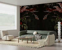 Joseon-inspired wall mural with traditional Korean floral motifs and serene flying birds.