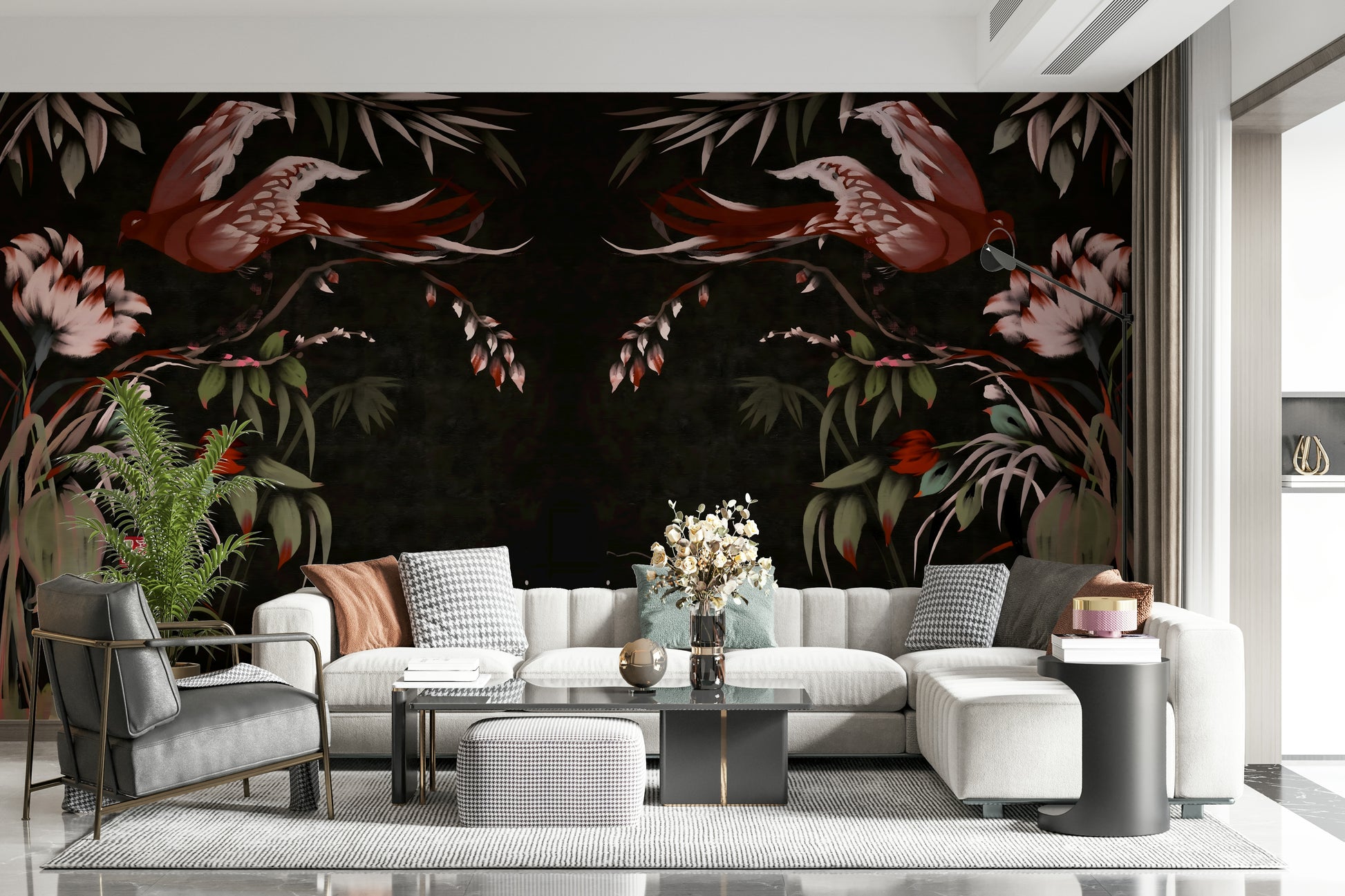 Joseon-style wall mural combining floral artistry and symbolic bird motifs for refined interiors.