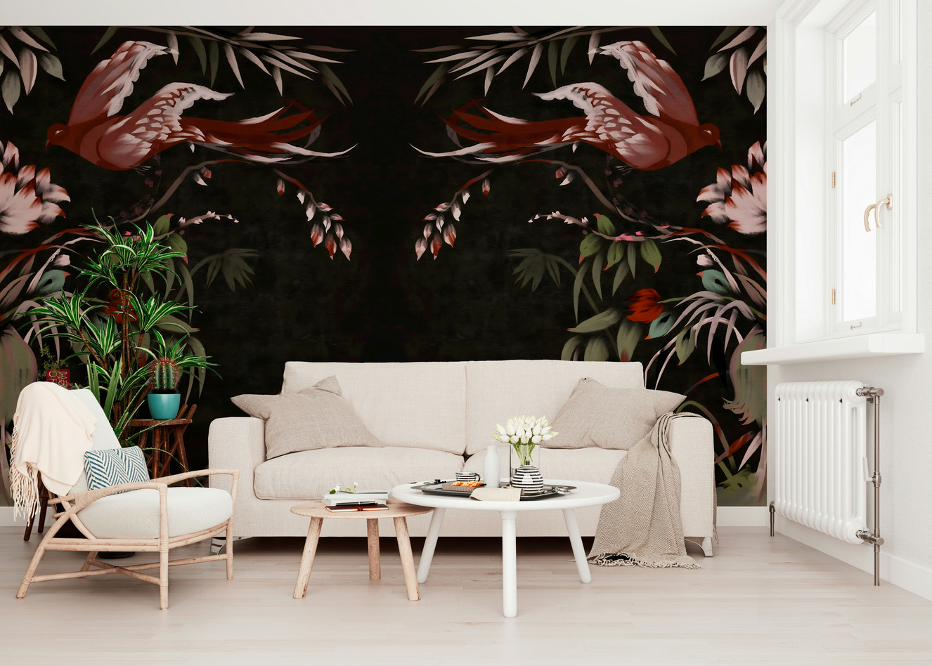 Floral Flight wall mural inspired by Joseon-era art featuring delicate blossoms and graceful birds.