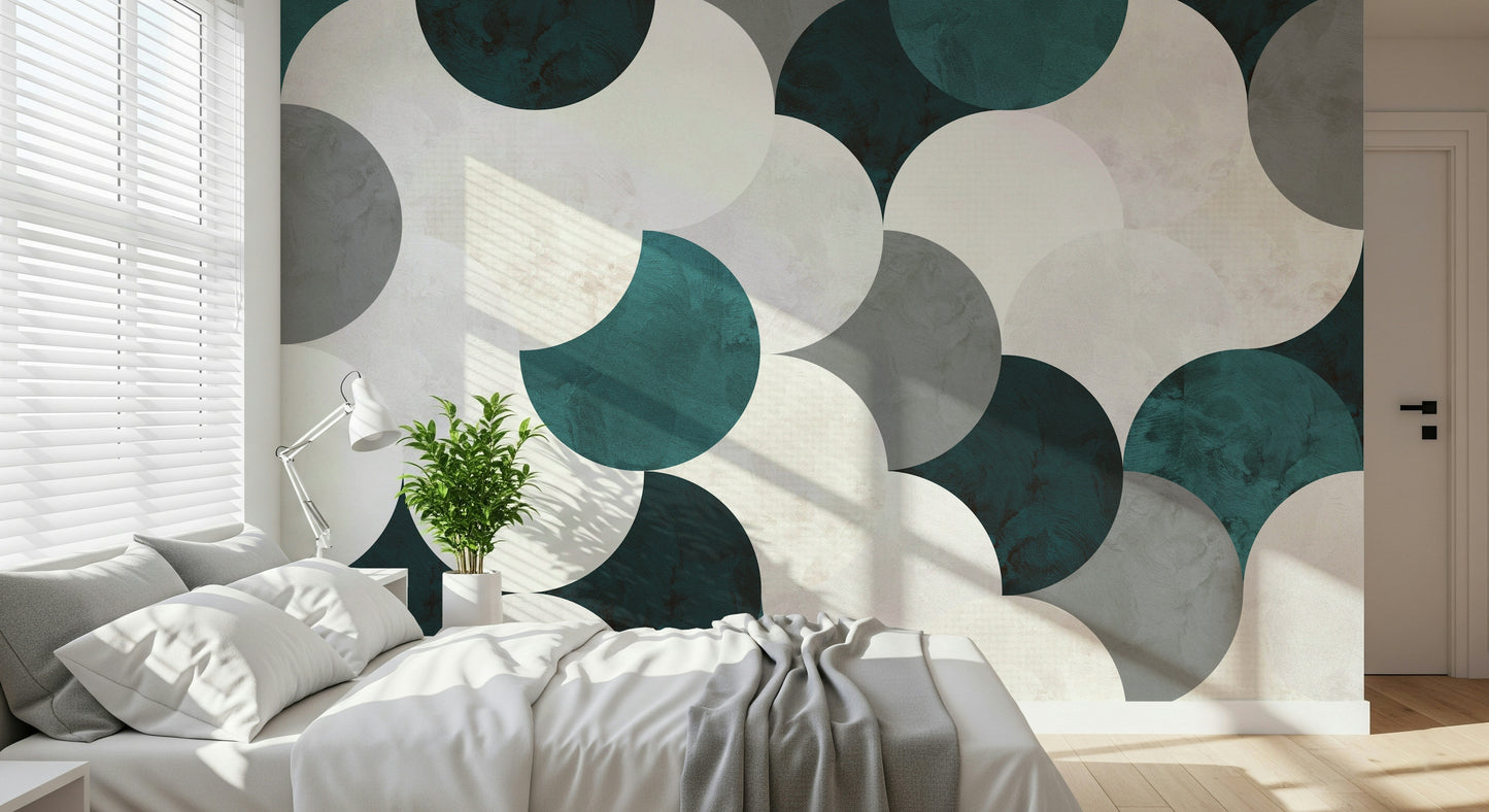 Circle-themed abstract mural in neutral and muted shades ideal for elegant interior décor.