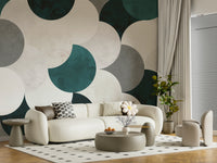 Artistic wall mural with bold and subtle circles creating visual depth and modern appeal.
