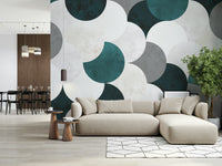 Sophisticated wall mural with abstract circular patterns creating a calm, modern ambiance.