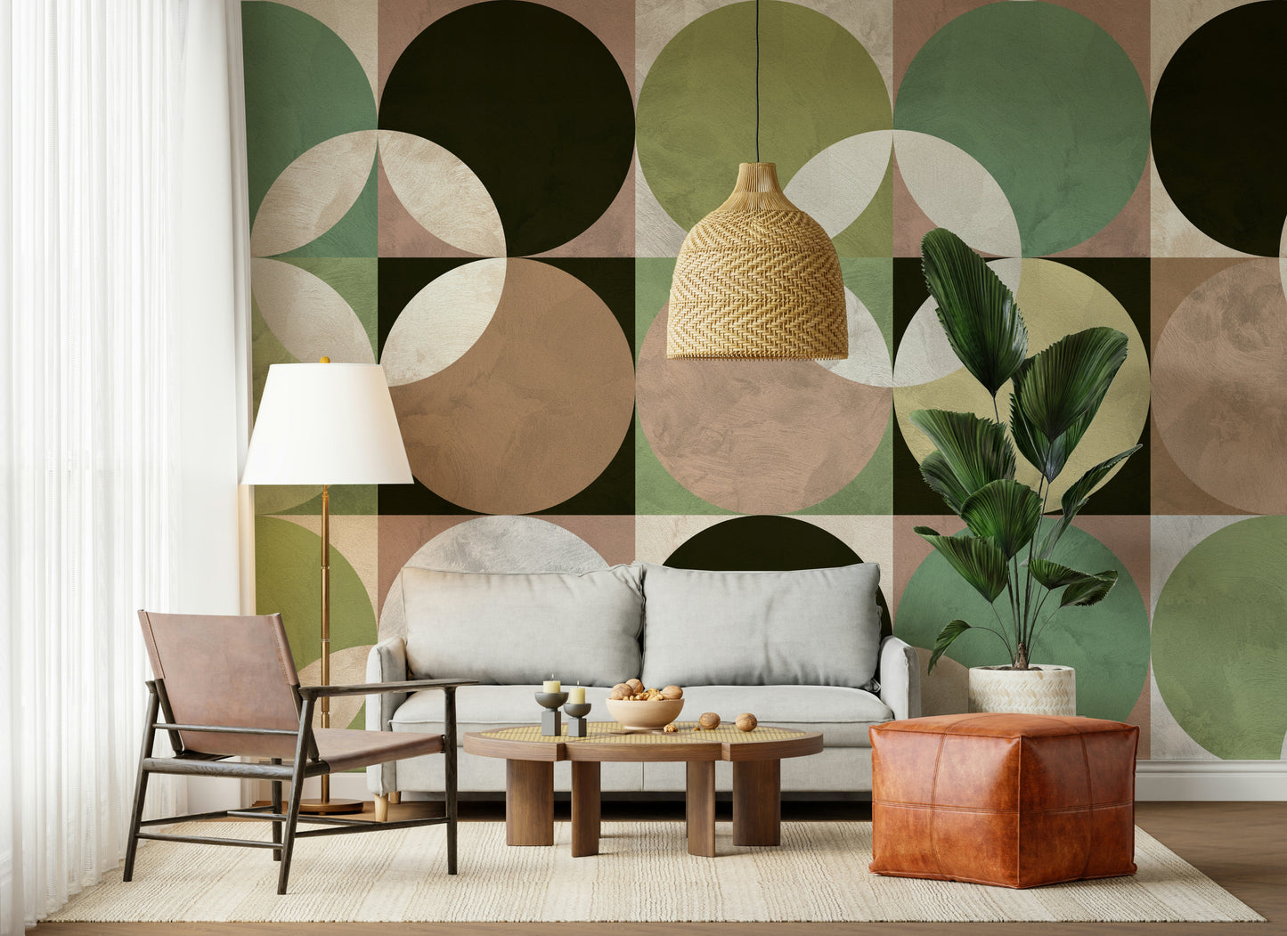 Playful circle pattern mural blending 70s-inspired colors and smooth abstract design.